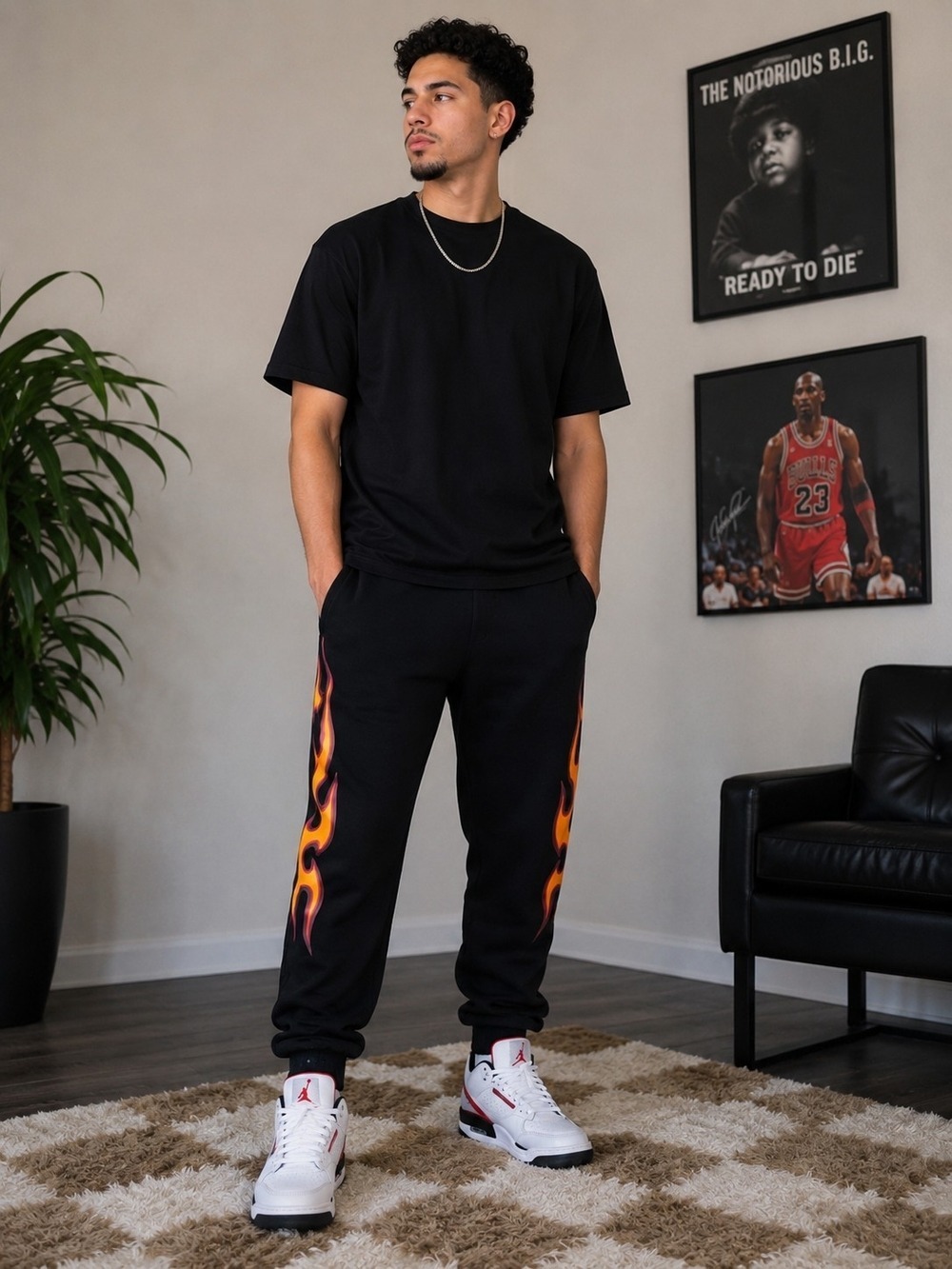 Forever 21 Men Flame Graphic Jogger Sweatpants Black Orange Size XL